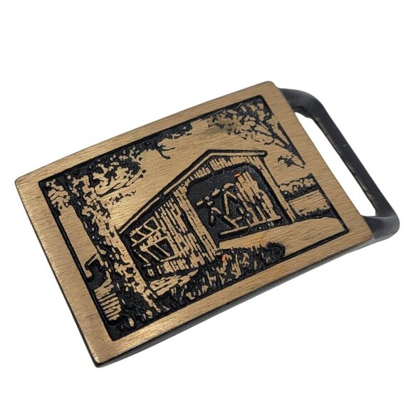 Vintage Tech Ether Guild Solid Brass Belt Buckle 1975 Langley Covered Bridge - Picture 1 of 3